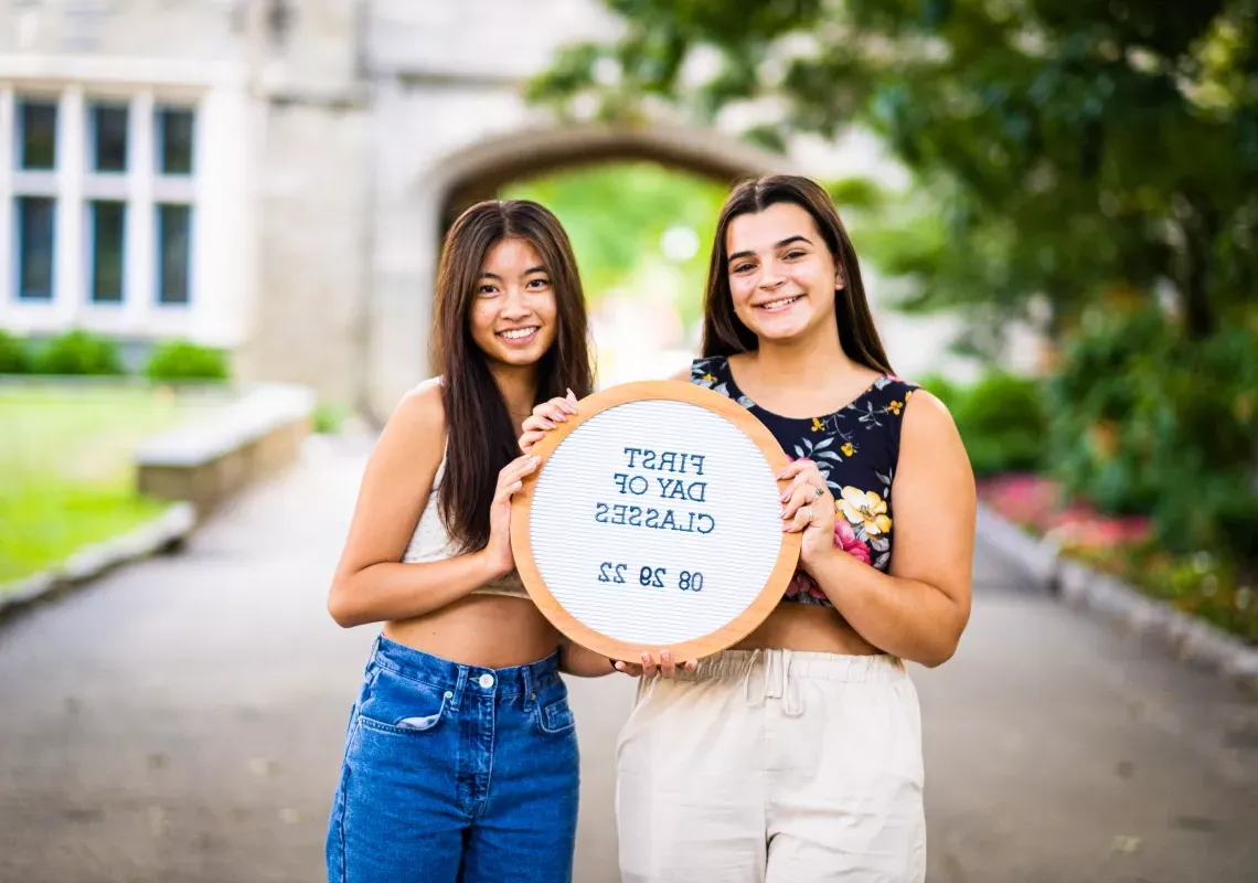 Helen Christ and her friend on the first day of school