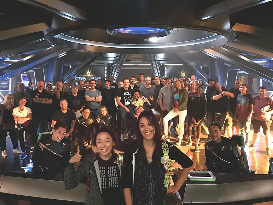 Bo Yeon Kim and Erika Lippoldt with the cast and crew of Star Trek: Discovery.